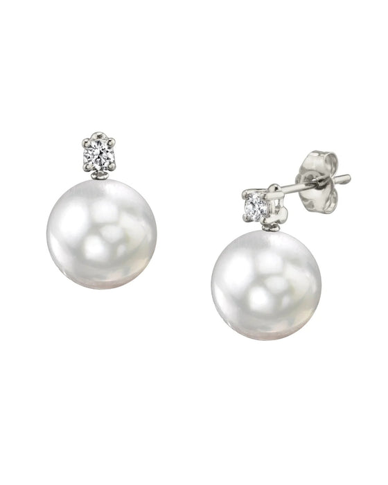 Earring studs of White South Sea Pearls AAA, Diamonds and 18K White Solid Gold