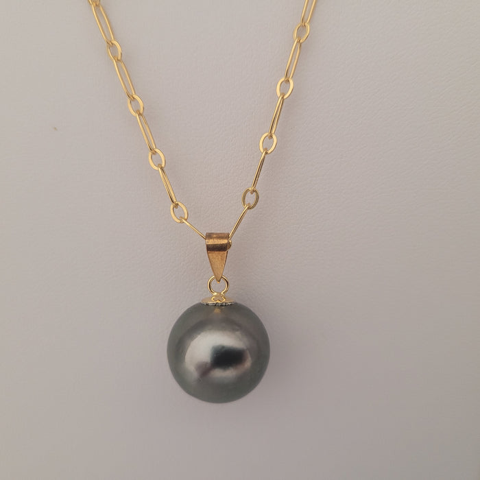 Tahiti Pearl Round Shape 15 mm Dark Color Pendant Necklace