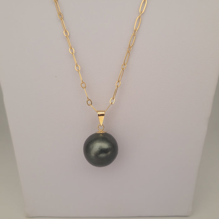 Tahiti Pearl Large 16 mm Round Shape Dark Color Pendant Necklace