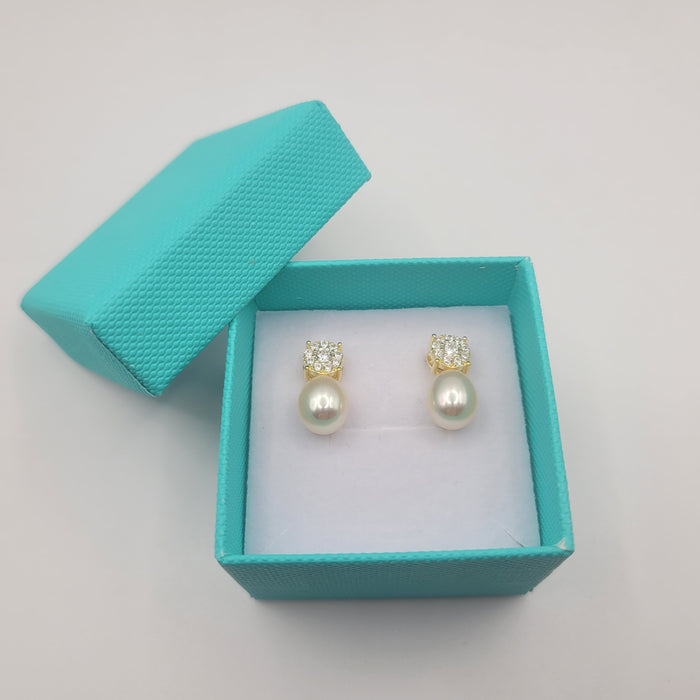Cultured Pearl Earrings Tear-Drop 8-8.5 mm Natural Color in Silver 925 Gold Plated
