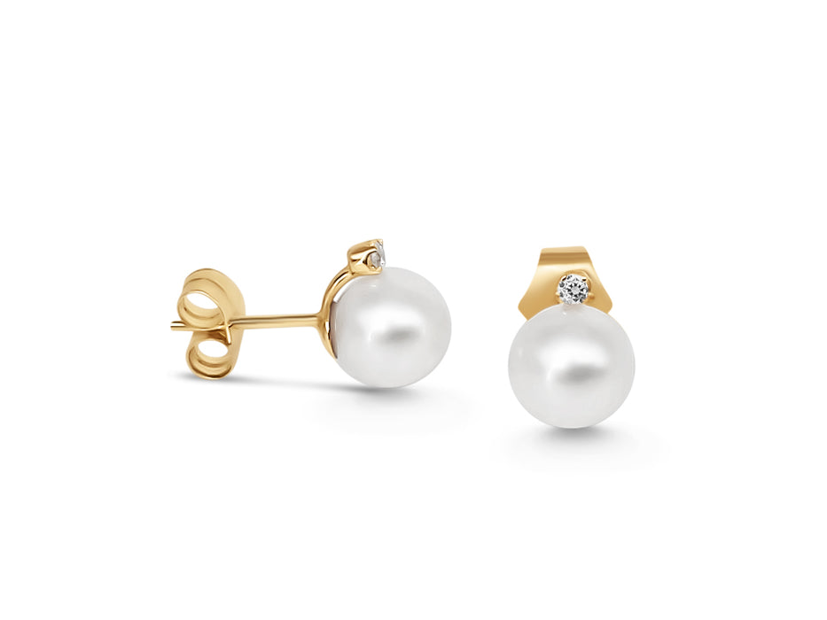 Stud Earrings White South Sea Pearls, Diamonds, 18K Yellow Solid Gold